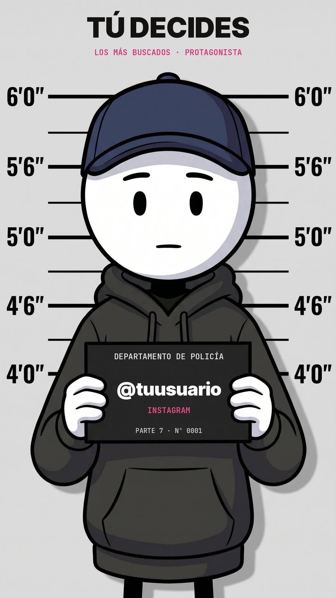 Ejemplo de ficha policial: personaje delante de las rayas de altura con una tablilla que muestra su usuario de Instagram