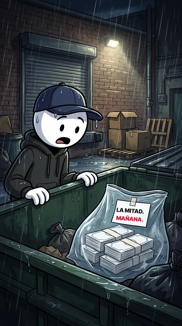 Una bolsa con dinero y una nota en la basura: La mitad. Mañana.